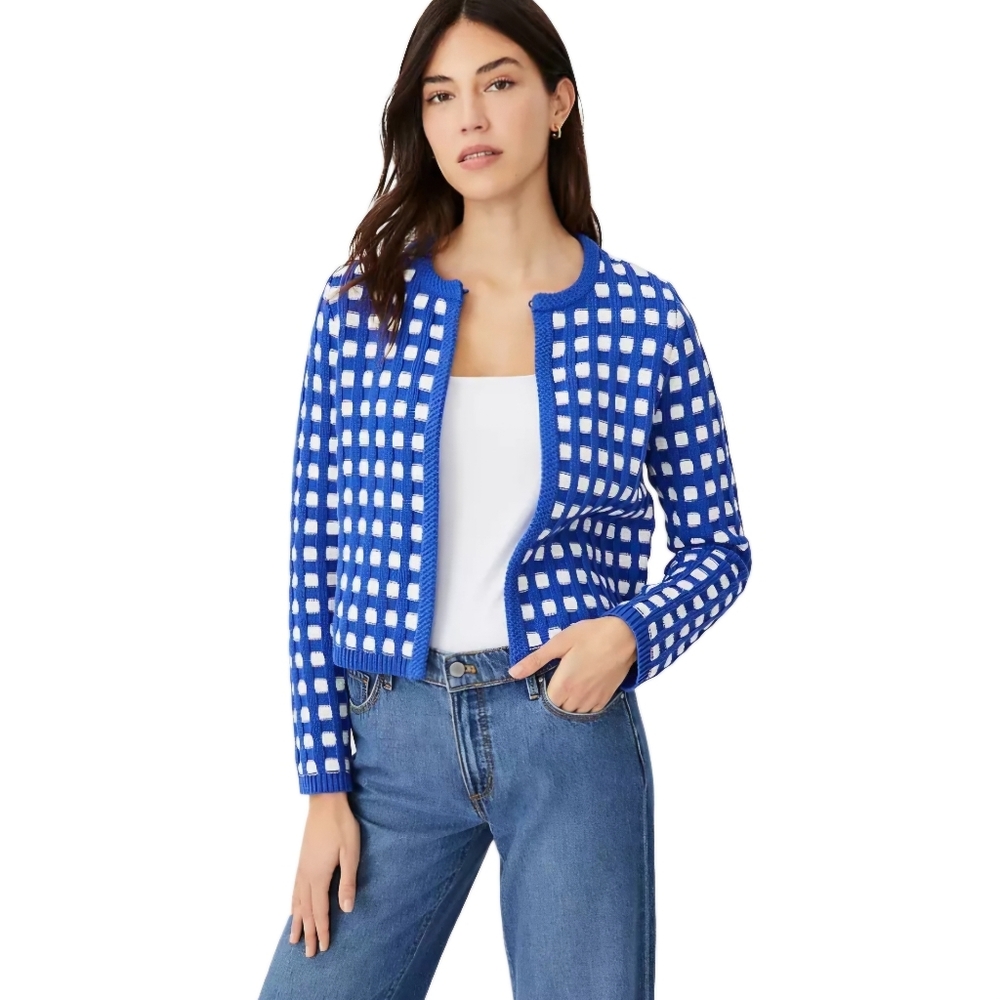 Ann Taylor Royal Blue and White Checkered Knit Cardigan - Picture 2 of 9